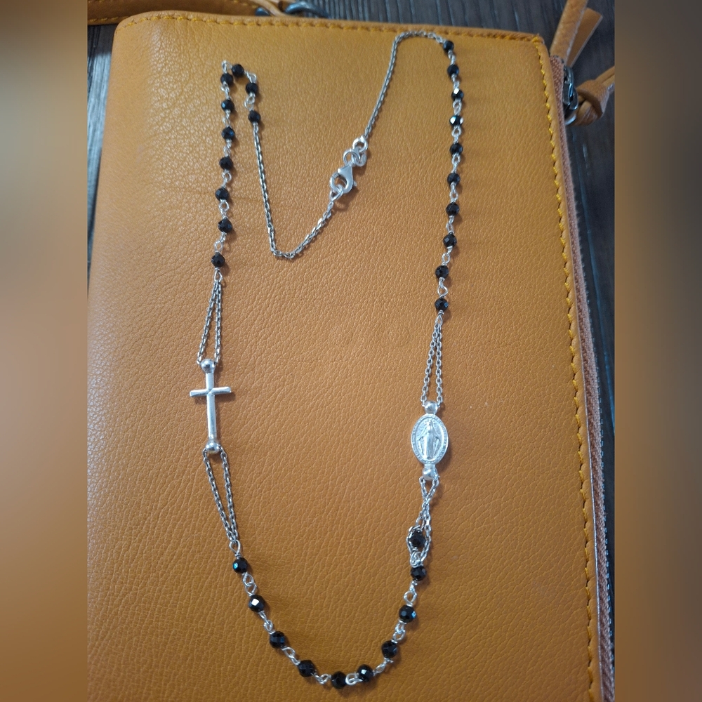Silver-Tone Black Bead Rosary Style Necklace